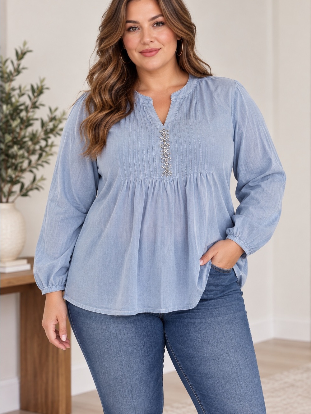 Catherines Light Blue Embellished Pintuck Peasant Blouse - linen blend